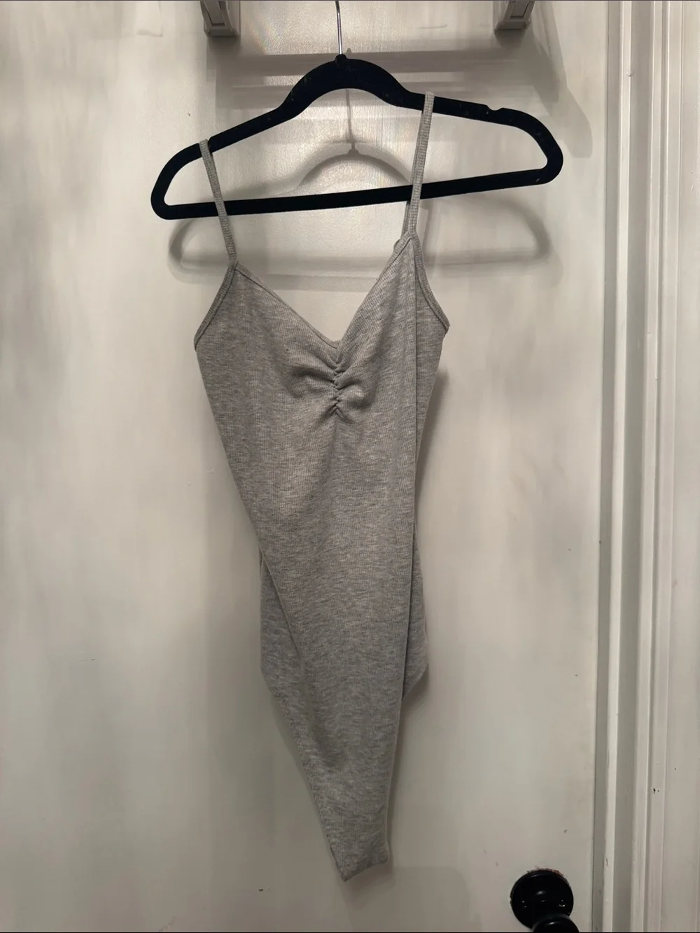 American Eagle Outfitters Light Gray Ruched Bandeau Bodysuit